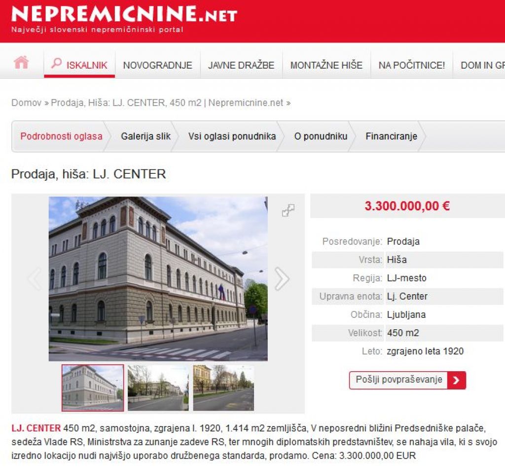 Pahorjevo in vladno palačo prodajajo za tri milijone